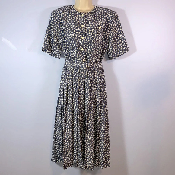 ORVIS true vintage blue midi dress white roses rose buttons size large made USA - Picture 1 of 10